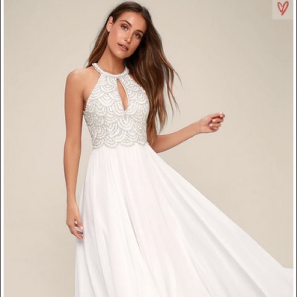 Lulus Principessa White Beaded Open Back Maxi NWT
